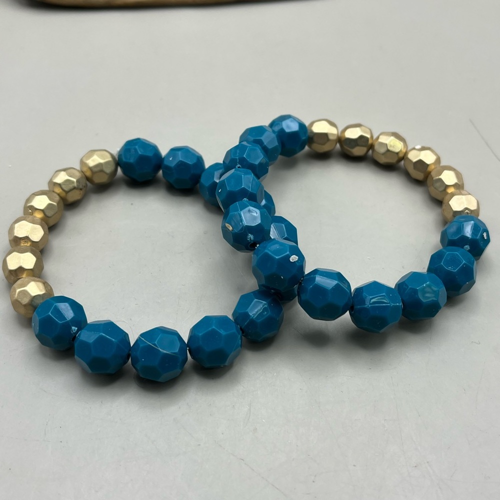 Chic Teal Blue & Gold Faceted Bead Stretch Bracelet Set ✨